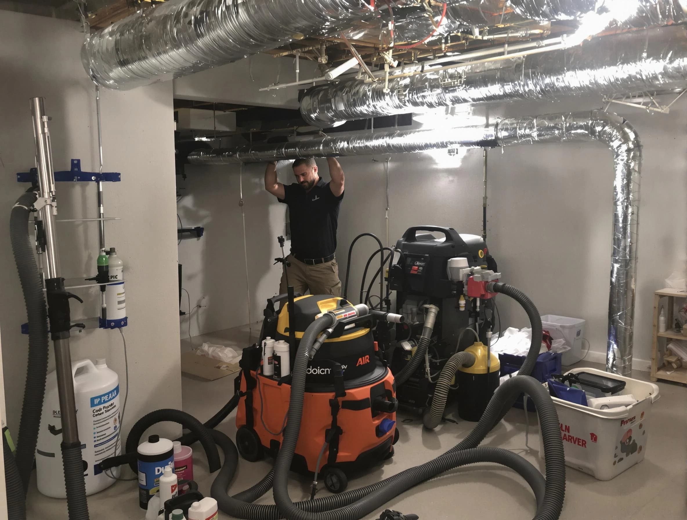 Short Pump Air Duct Cleaning specialist performing professional mold removal from air ducts using safety equipment in Short Pump